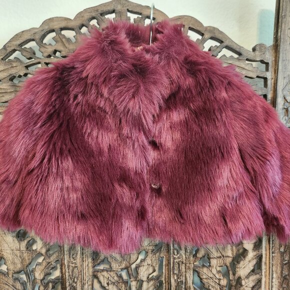 Janie and Jack Faux Fur Coat Burgandy Size 12-18 months - Picture 1 of 4